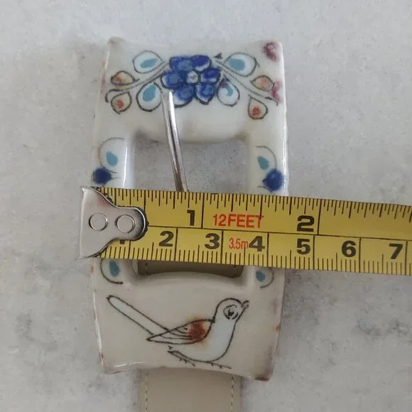 Clay ceramic buckle handpainted in Mexico stretch ivory grey belt - Picture 11 of 13